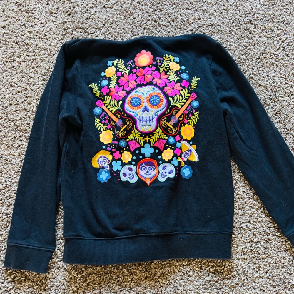 Disney Black Sweater with Colorful Skull and Floral Design